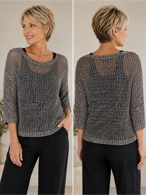 Eileen Fisher Medium Linen Wool Open Knit Marled 3/4 Sleeve Sweater